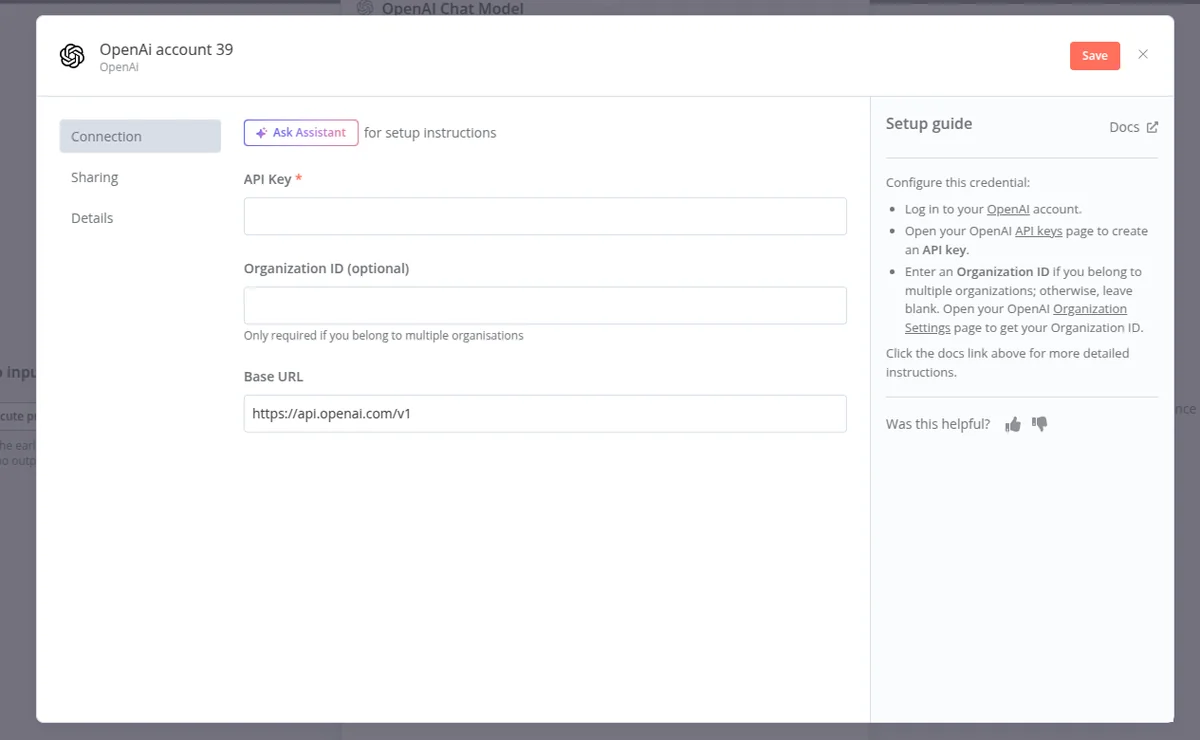 Credencial de OpenAI con API key en n8n