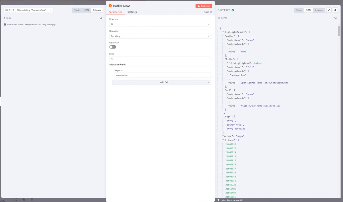 Salida de un nodo en vista JSON en n8n