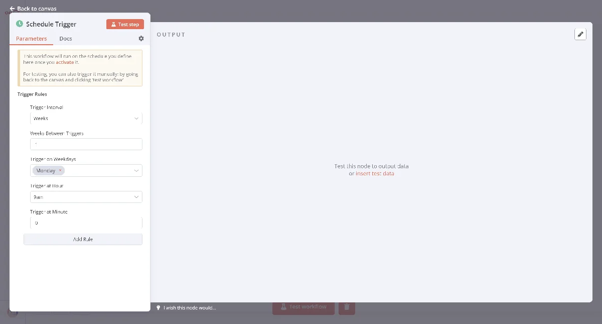 Nodo Schedule Trigger configurado en n8n