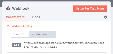 Nodo Webhook de n8n mostrando la pestaña de Test URL y Production URL