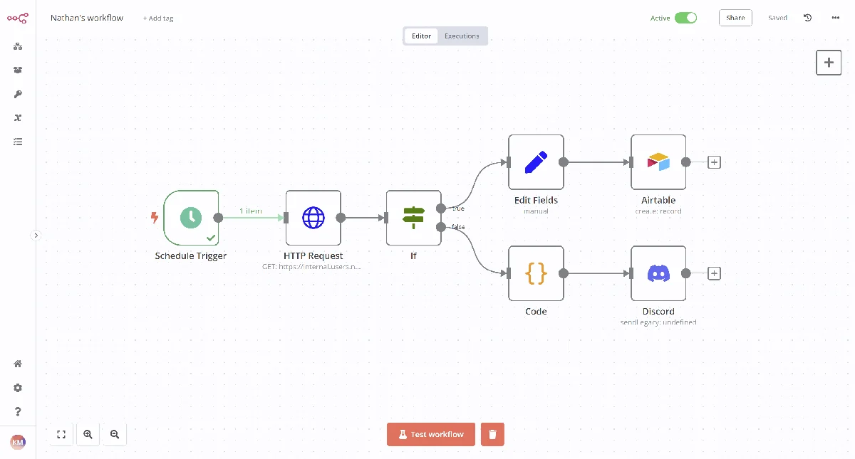 Workflow activado con el interruptor Active encendido