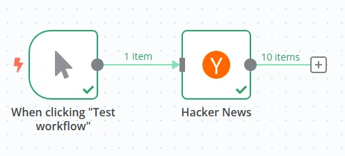 Workflow ejecutado con éxito en n8n, nodos con check verde